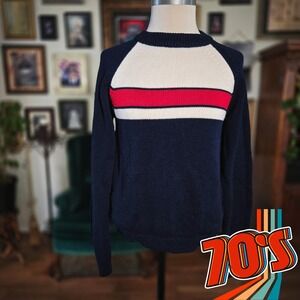 Scooters‎ Sweater Vintage 70s Navy Blue White Red Stripe Knit Raglan Mod S Small